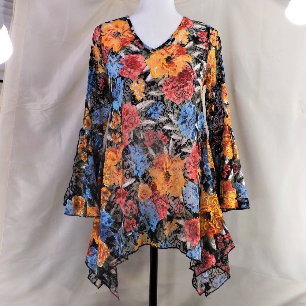 NWOT Dor Dor Couture Bursting Colors Huge Bell Cuffs w Flaring Skirt Tunic Top S - Picture 1 of 16